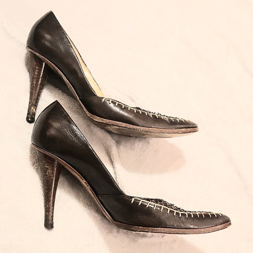 VINTAGE YSL HEELS 37.5/7 Yves Saint Laurent Brown Classic Exotic Leather 80s 90s - Picture 6 of 10